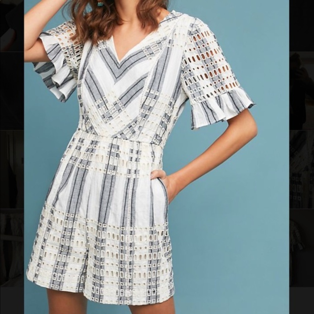 Anthropologie Striped Eyelet Romper sz2